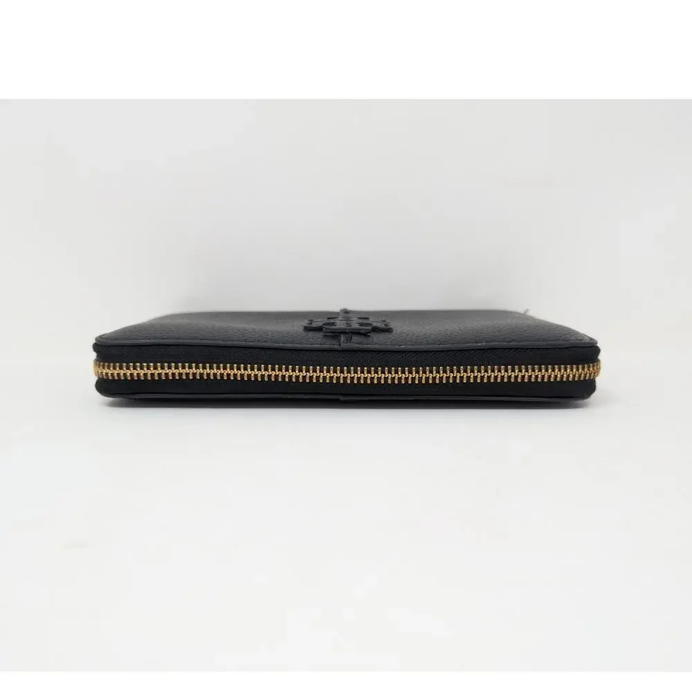 Tory Burch Black Leather Zip Around Wallet Pebbled Logo Continental